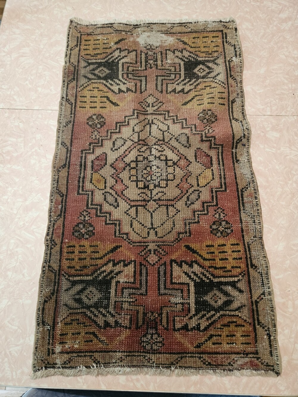 VINTAGE TURKISH RUG 19.5" X 35" SHOWS WEAR BUT STILL LOVELY